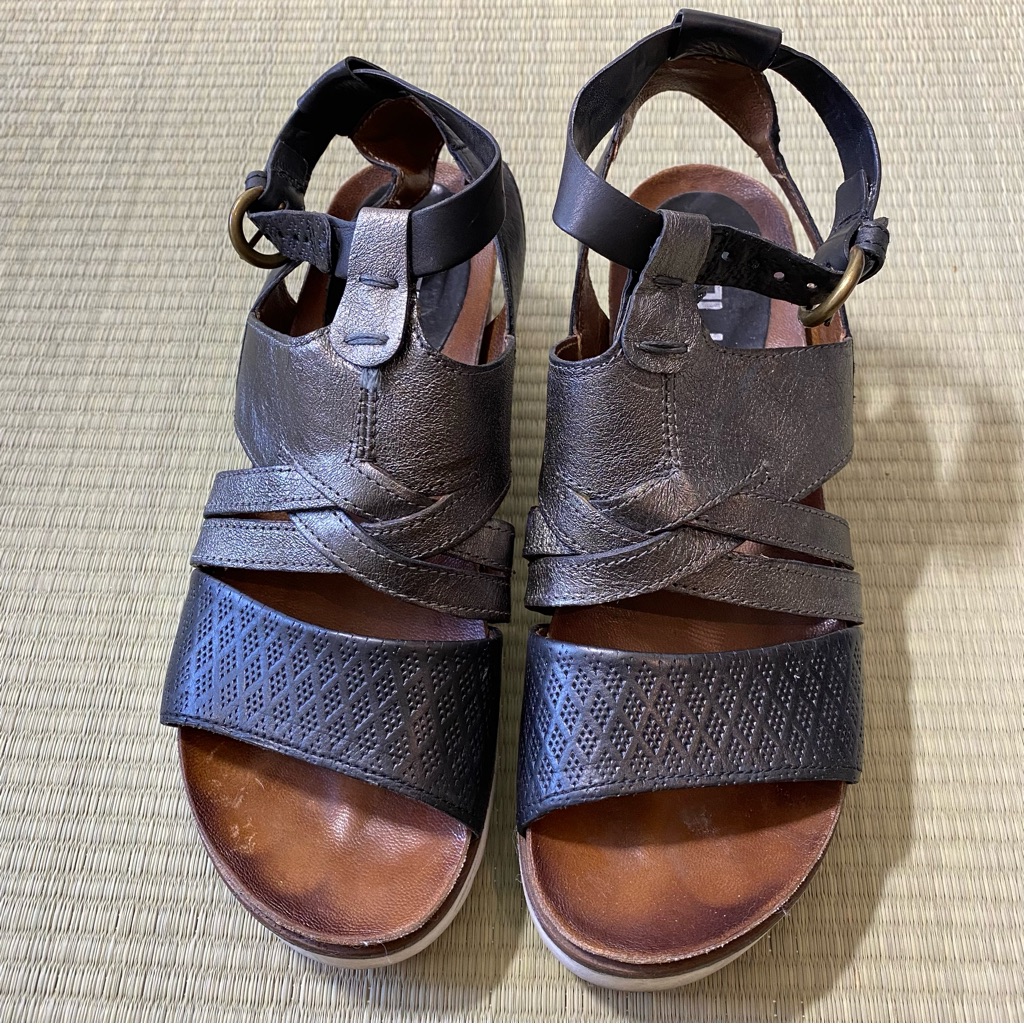 Mjus Black And Bronze Ankle Strap Wedge Sandals Size 39 Crisscross Weave Pattern